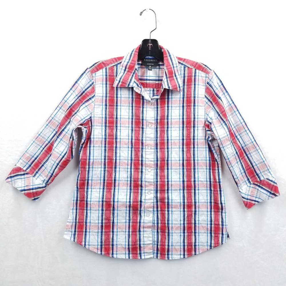 Foxcroft Blouse Women 6 Red Plaid Pearl Snap Stretch Shaped Fit 3/4 Sleeve